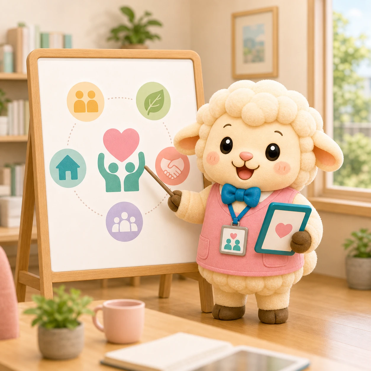 施設の考え方を説明するひつじのキャラクターイラスト