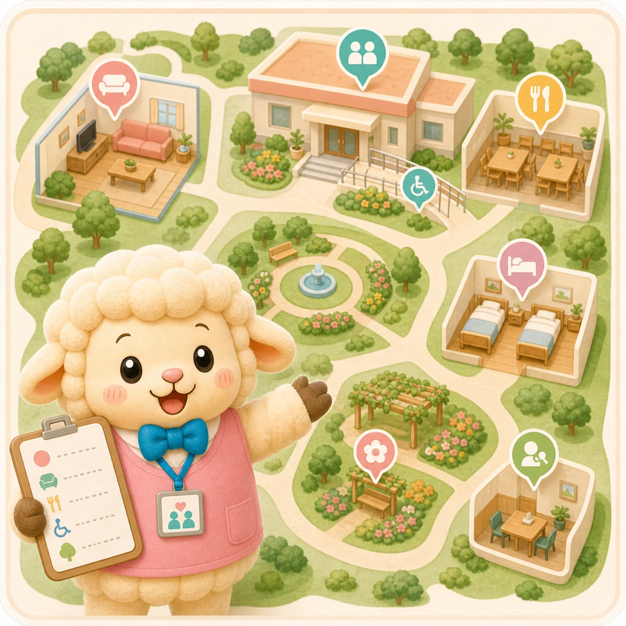 施設案内マップで使うひつじのキャラクターイラスト
