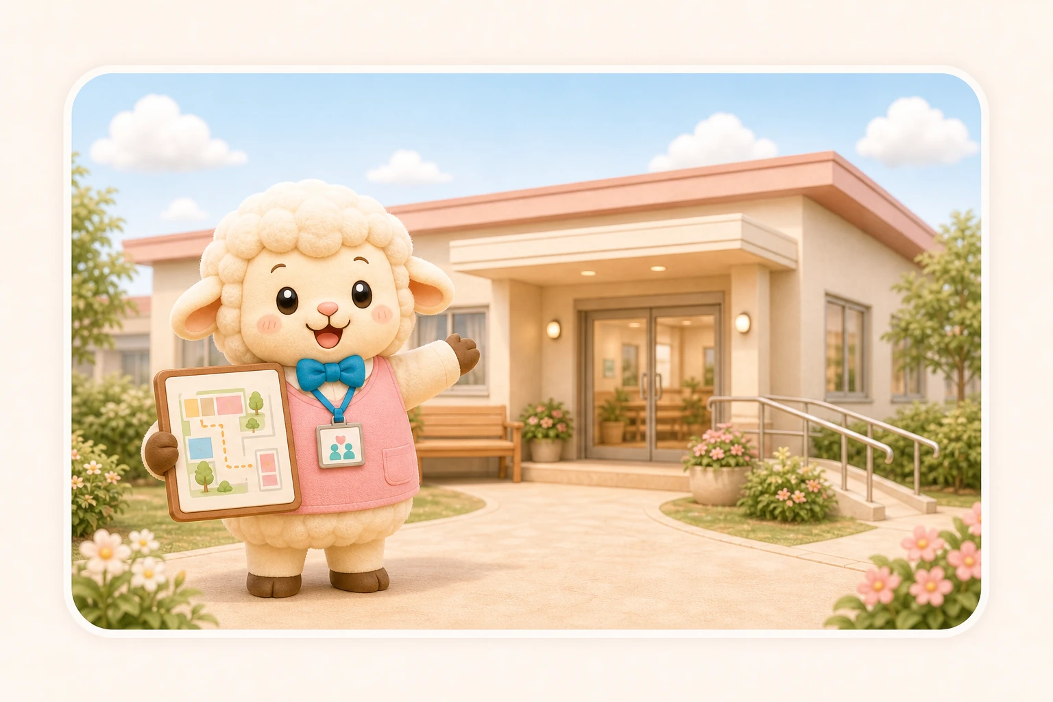 介護施設をひつじのキャラクターが案内しているイラスト