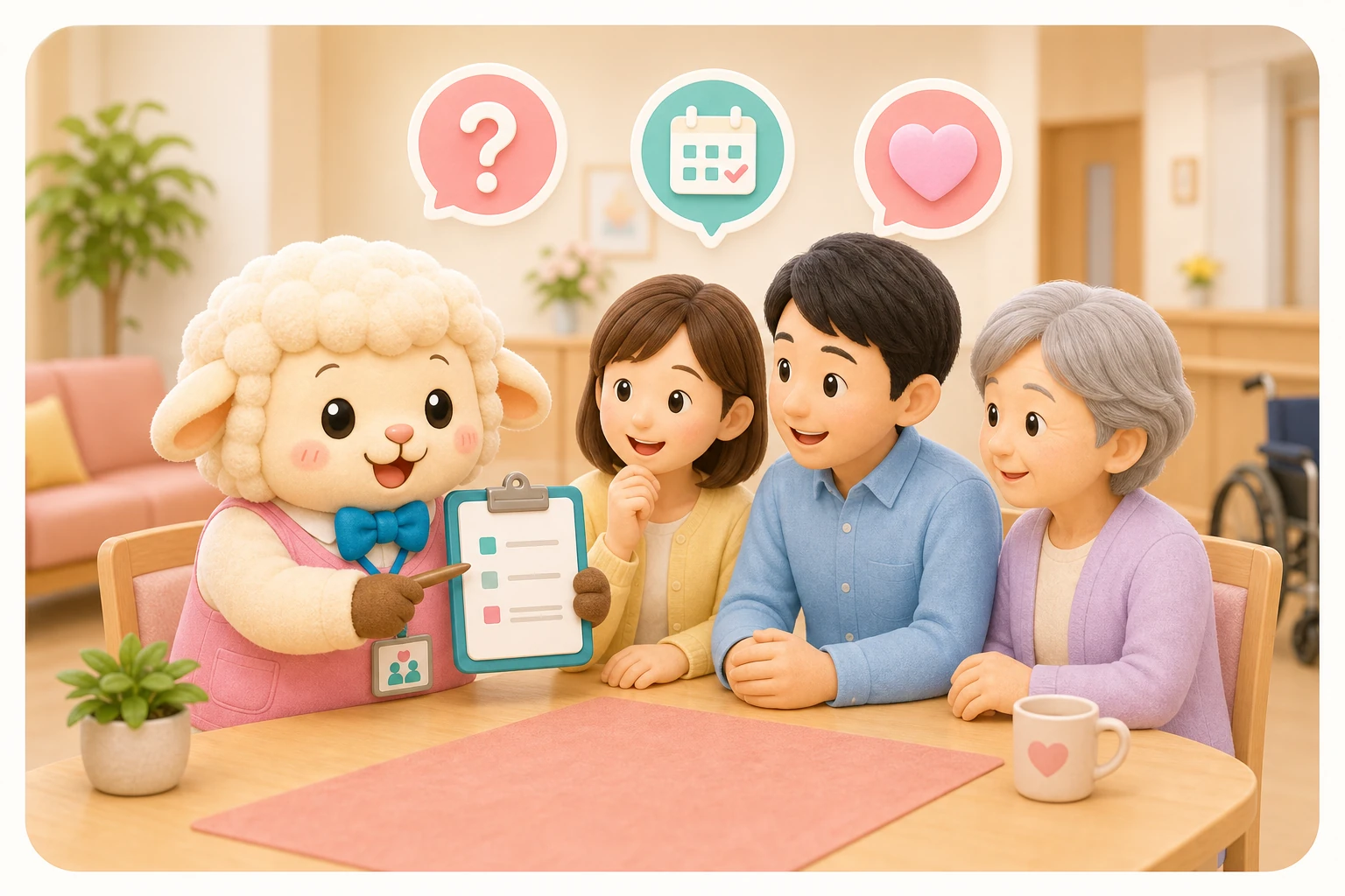 ご家族へ説明するひつじのキャラクターのイラスト