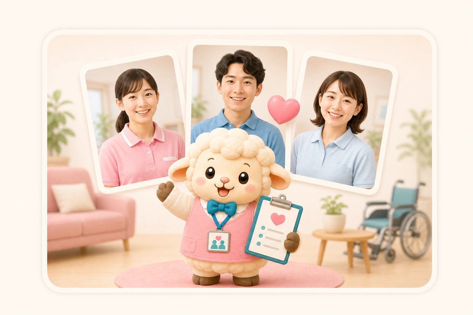 スタッフ紹介カードとひつじのキャラクターのイラスト