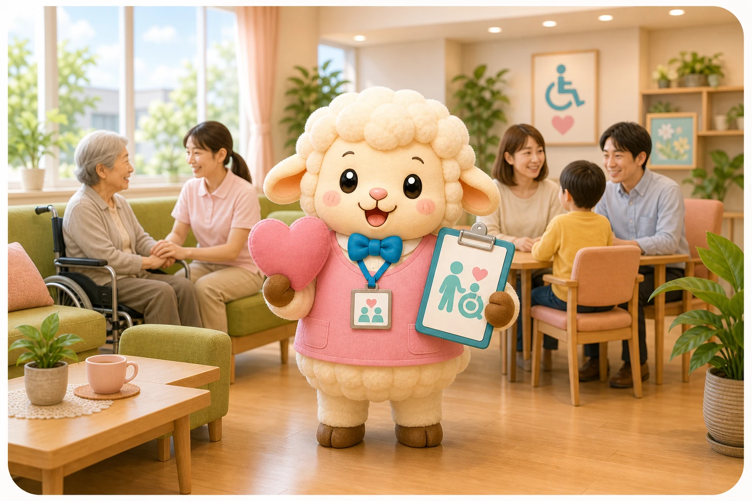 介護施設のラウンジで、ひつじのキャラクターが利用者さんとご家族を案内しているイラスト