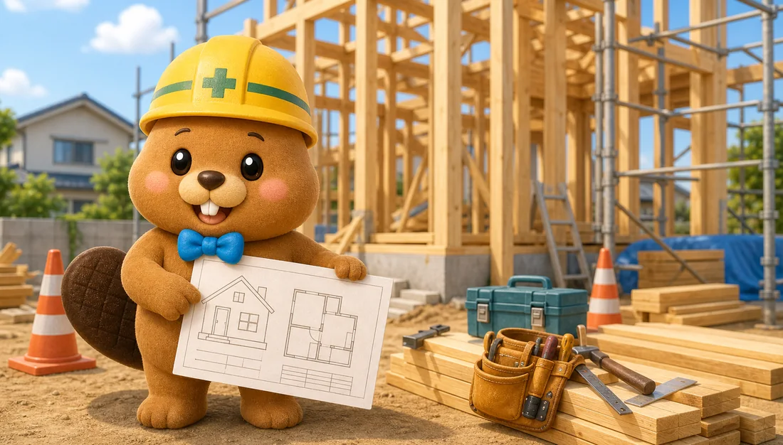 建設現場でビーバーのキャラクターが案内しているイラスト