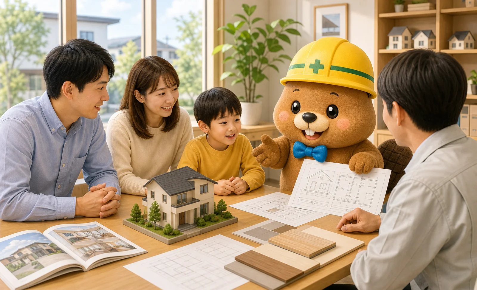 工務店・建設の相談室で、ビーバーのキャラクターが家づくりの資料を案内しているイラスト