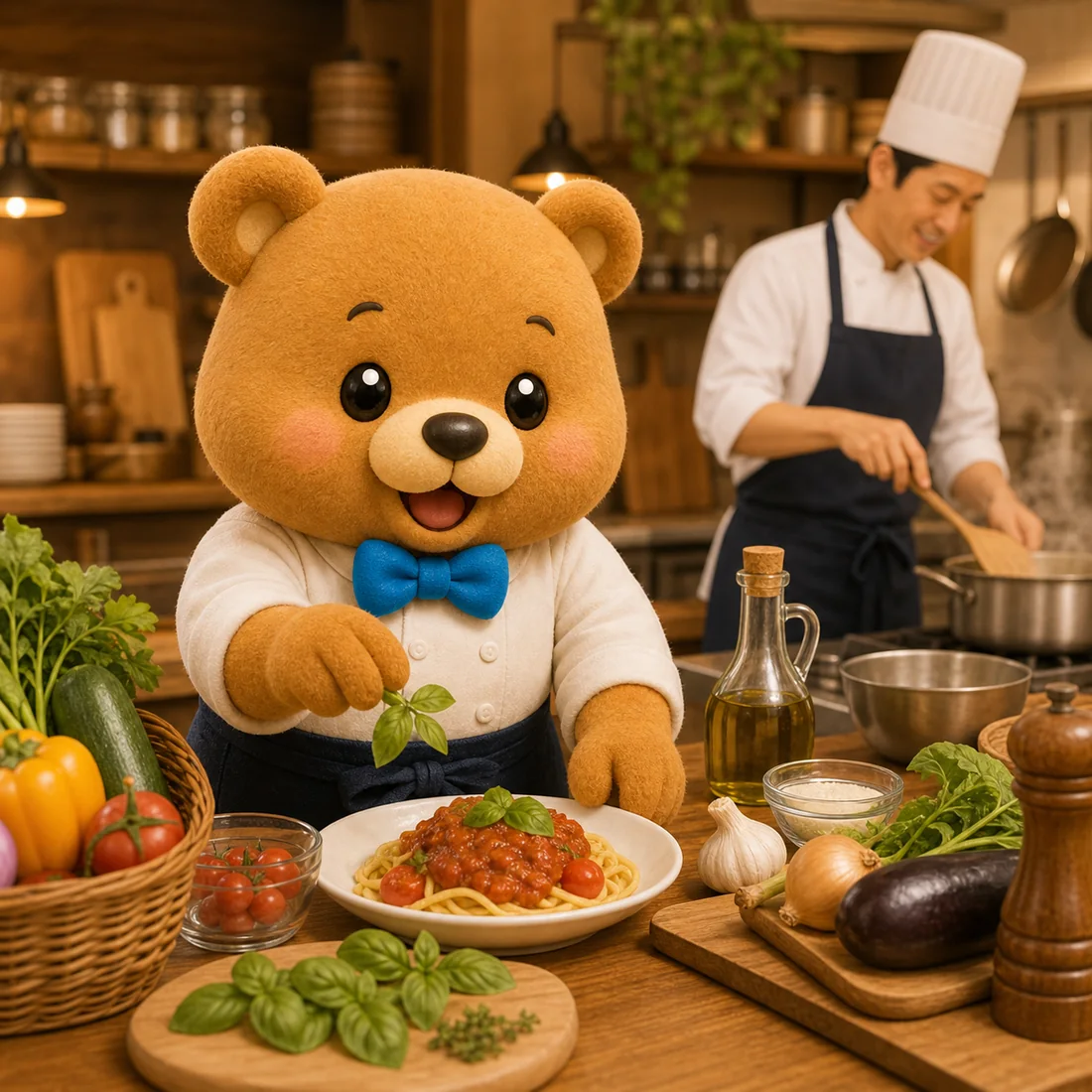 くまのキャラクターが食材や手づくりのこだわりを紹介しているイラスト