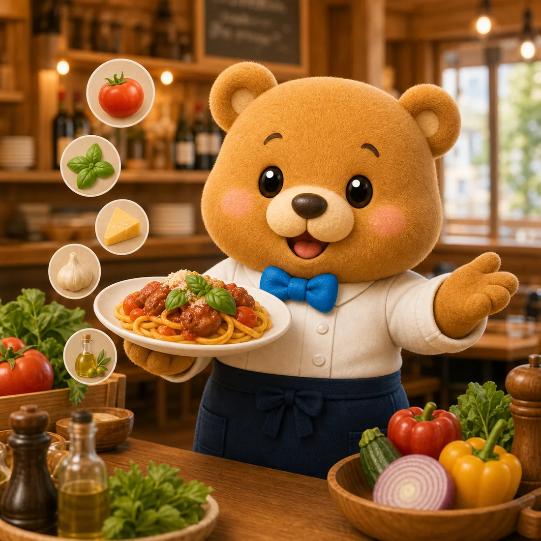 くまのキャラクターが看板商品のおいしさを紹介しているイラスト