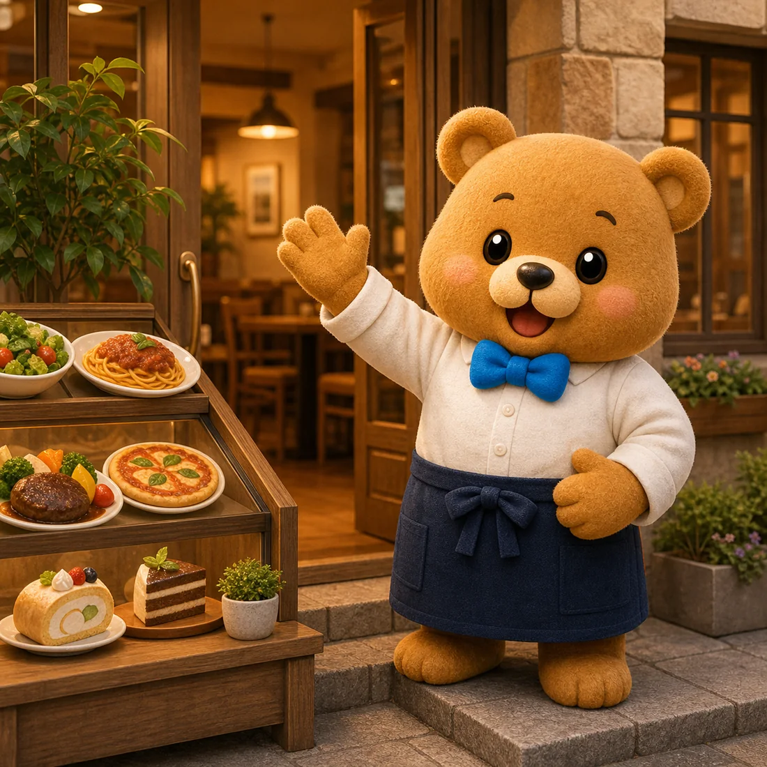 くまのキャラクターが店頭で来店を案内しているイラスト