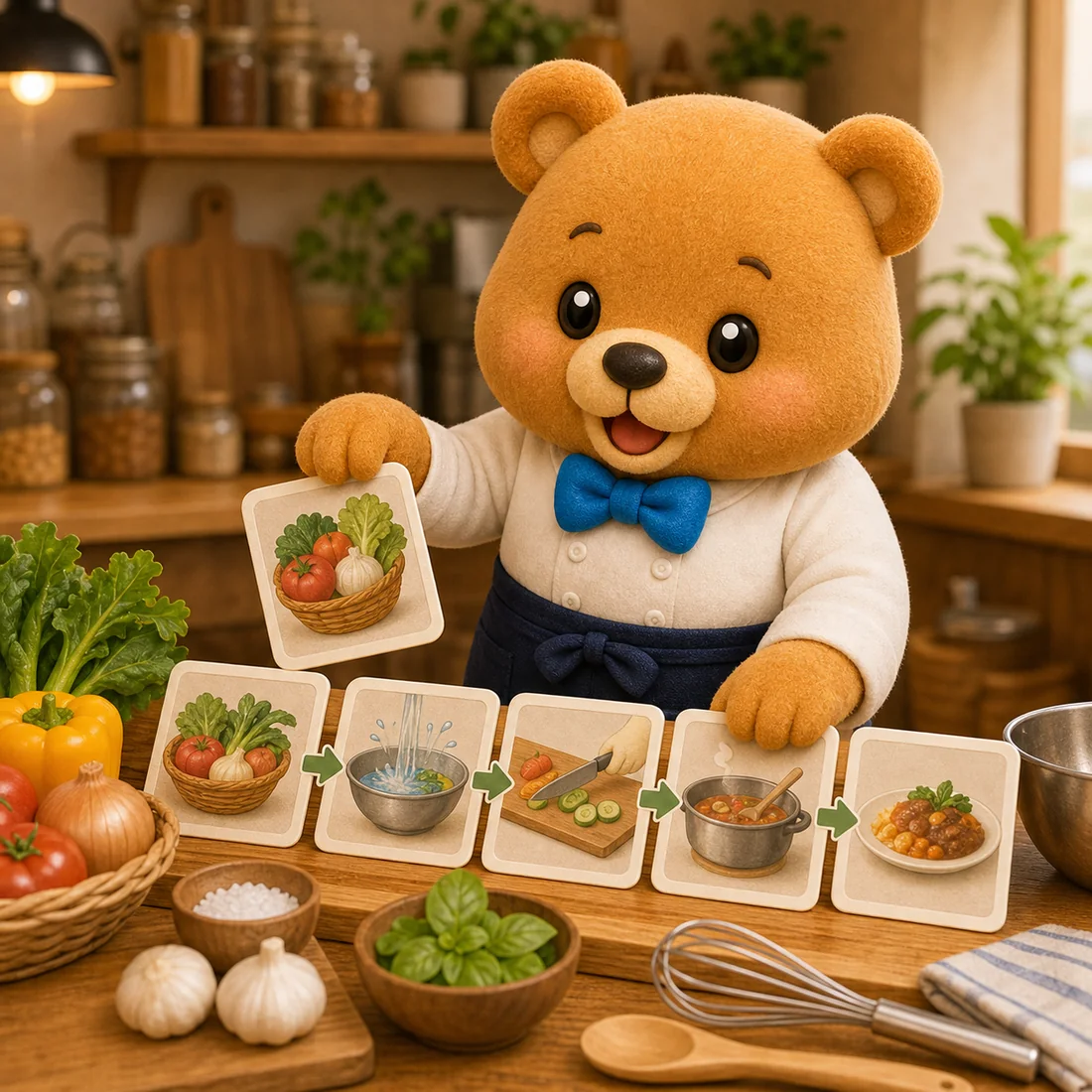 食材やこだわりのストーリーを伝えるくまのキャラクターイラスト
