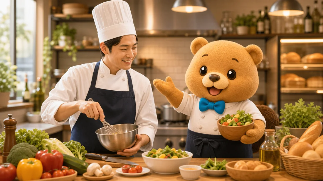 作り手とくまのキャラクターが食材や調理を紹介しているイラスト