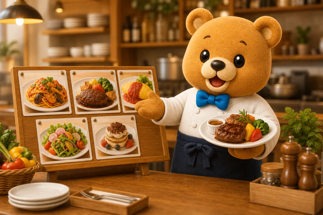 くまのキャラクターが看板メニューを紹介しているイラスト