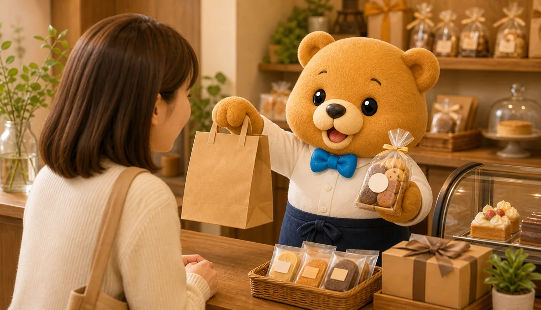 くまのキャラクターがテイクアウト商品を案内しているイラスト