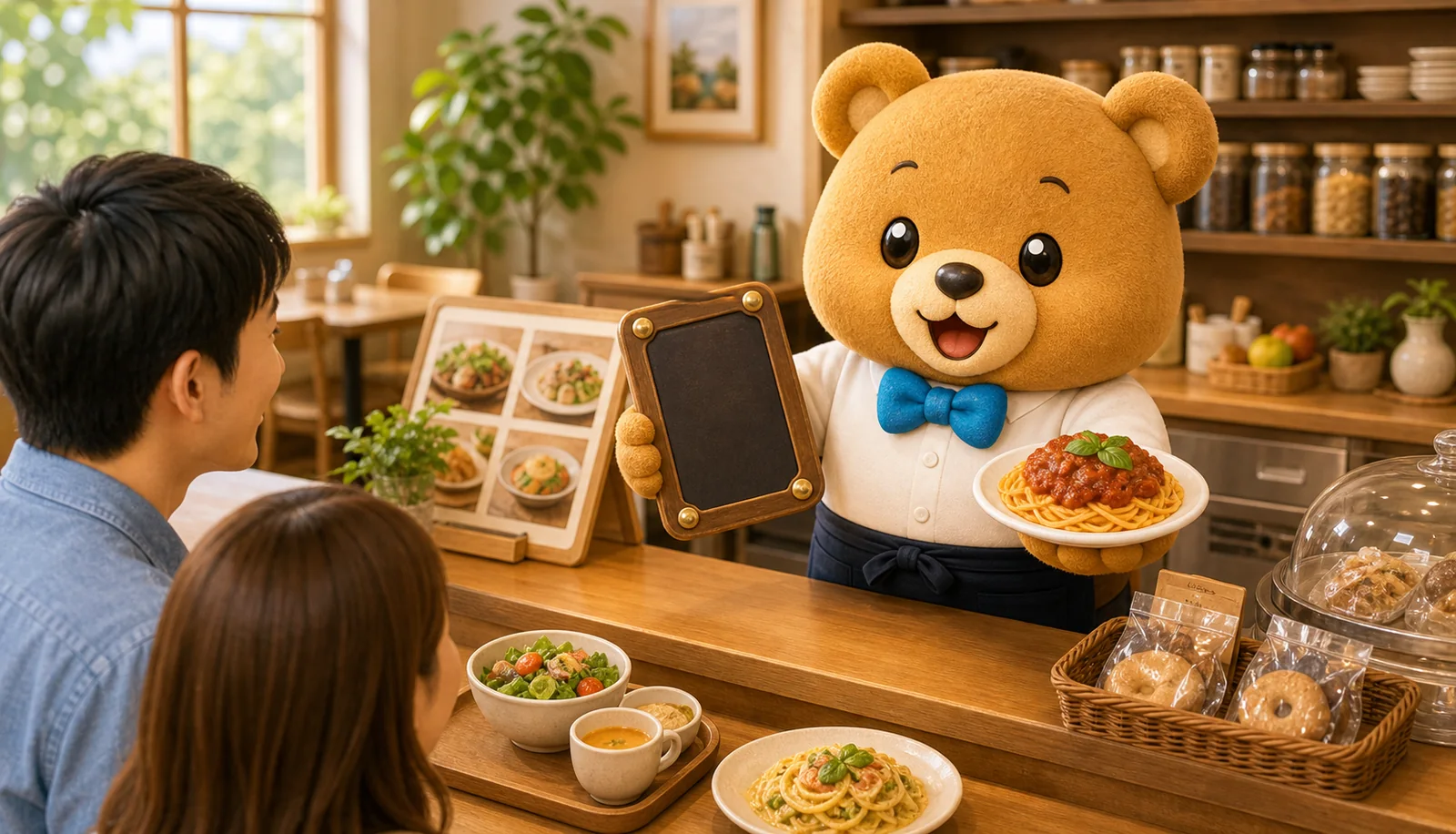 飲食店で、くまのキャラクターが料理やメニューをお客様に案内しているイラスト
