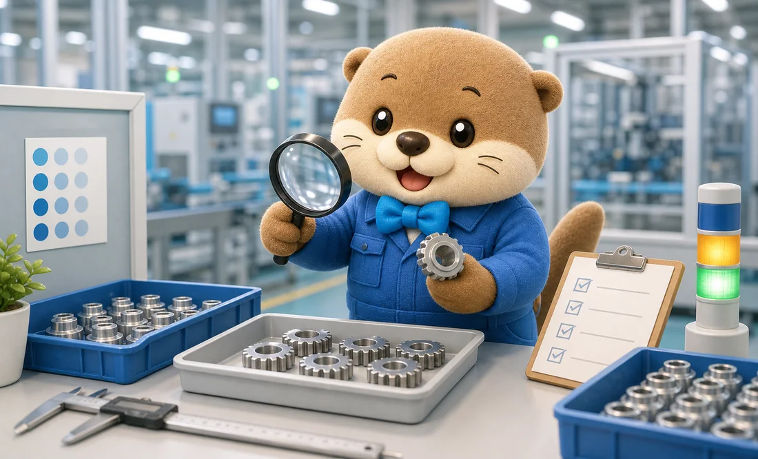 カワウソのキャラクターが部品の品質検査を案内しているイラスト