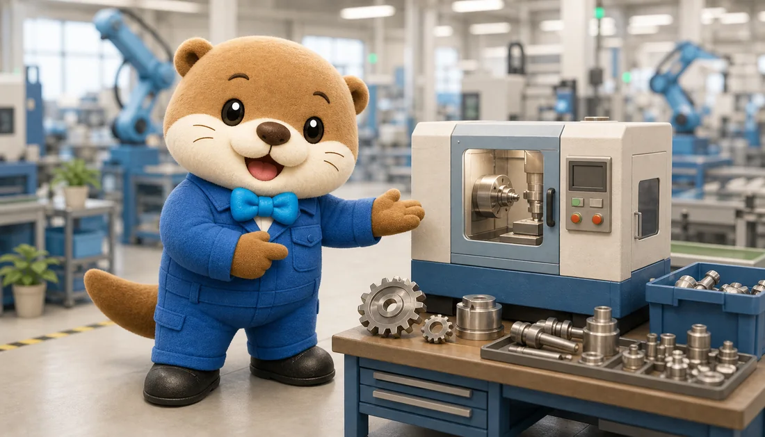 カワウソのキャラクターが製造技術を紹介しているイラスト
