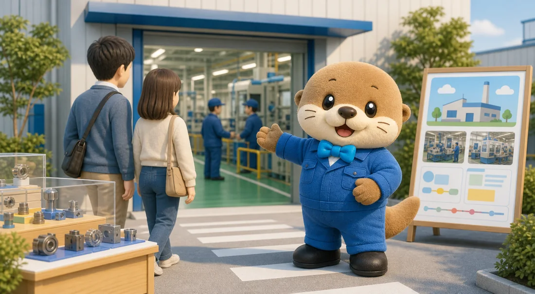 カワウソのキャラクターが工場見学や採用向け案内をしているイラスト