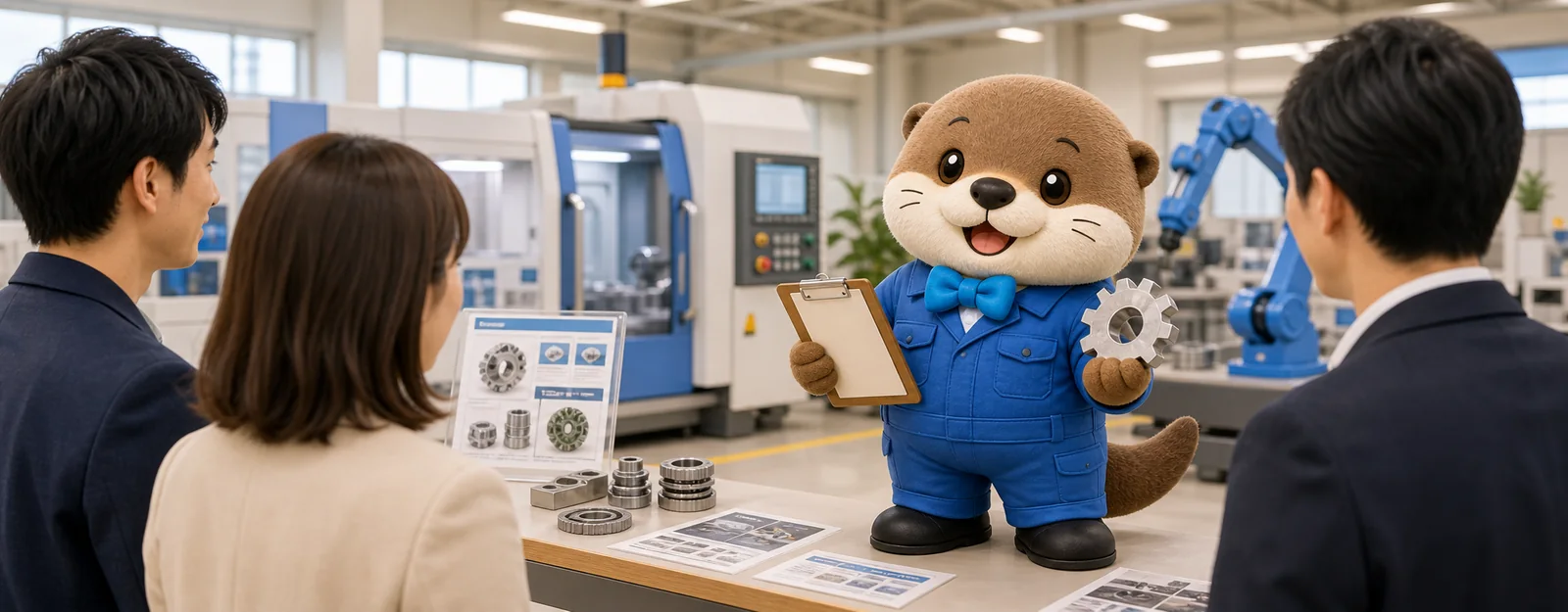 製造業の工場見学で、カワウソのキャラクターが技術や製品を案内しているイラスト