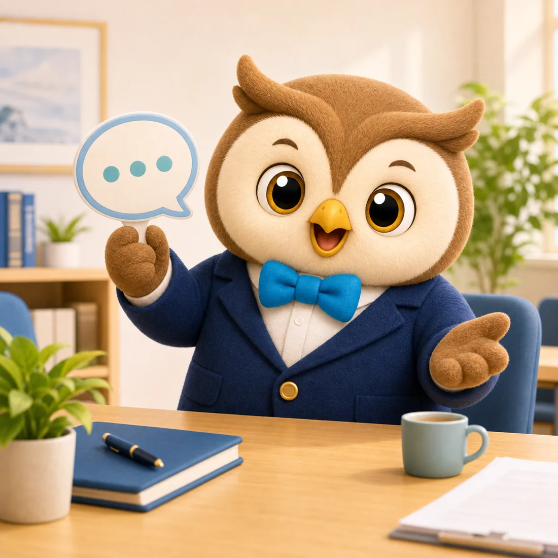 相談しやすさを伝えるふくろうのキャラクターイラスト