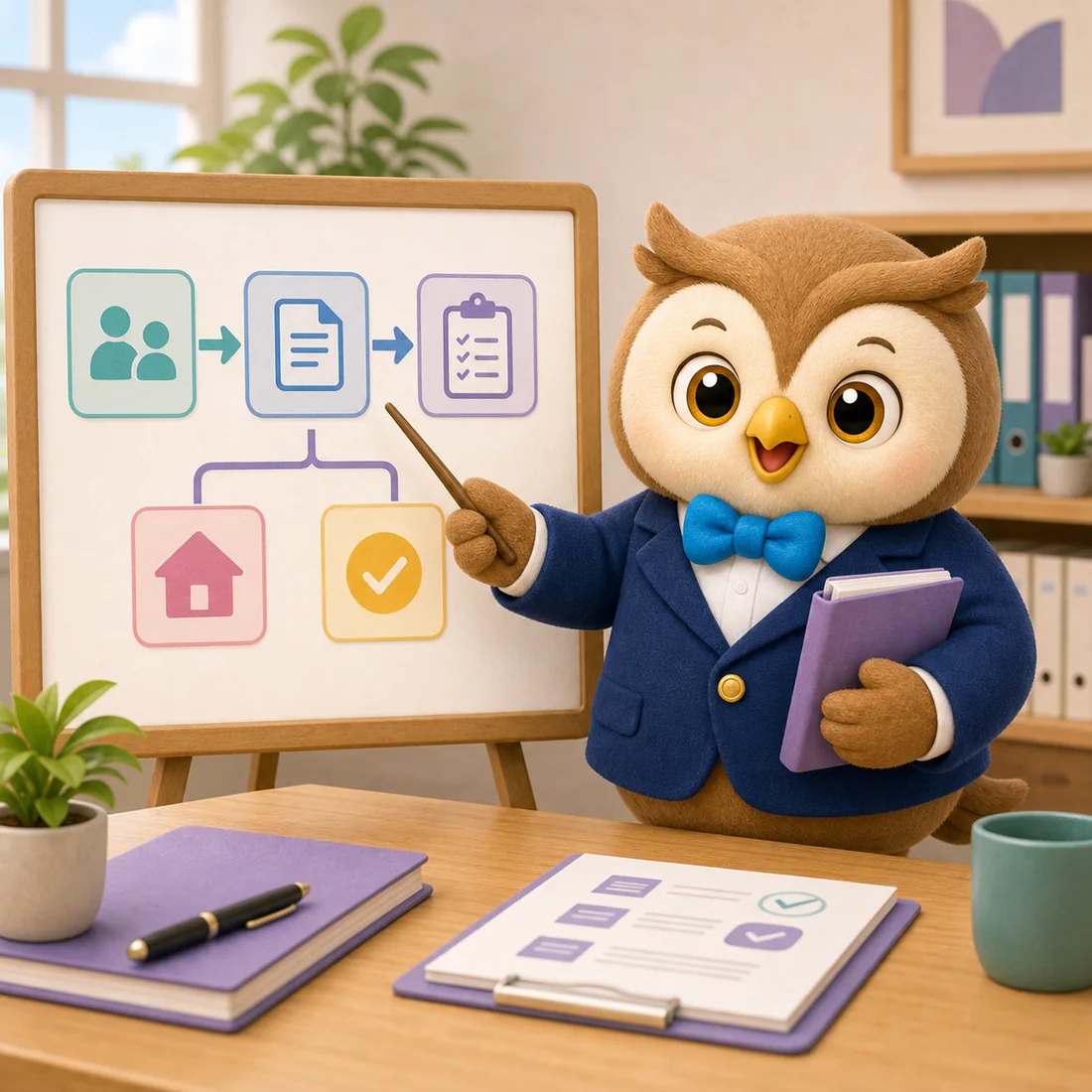 手続きの流れで使うふくろうのキャラクターイラスト