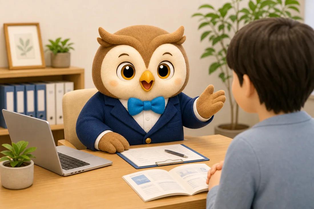 ふくろうのキャラクターが相談者を案内しているイラスト