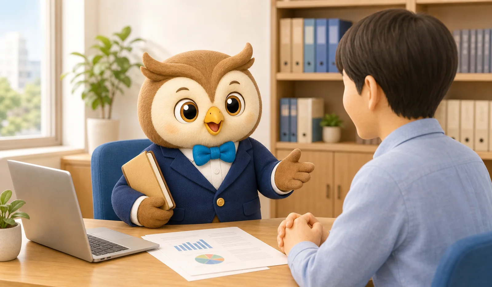 士業・専門サービスの相談室で、ふくろうのキャラクターが相談者に資料を案内しているイラスト