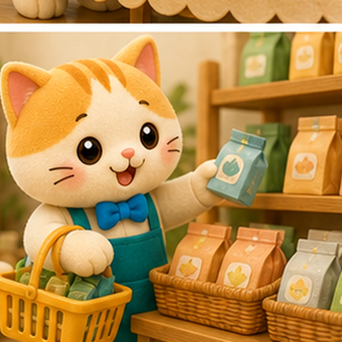 ねこのキャラクターが商品選びを手伝っているイラスト