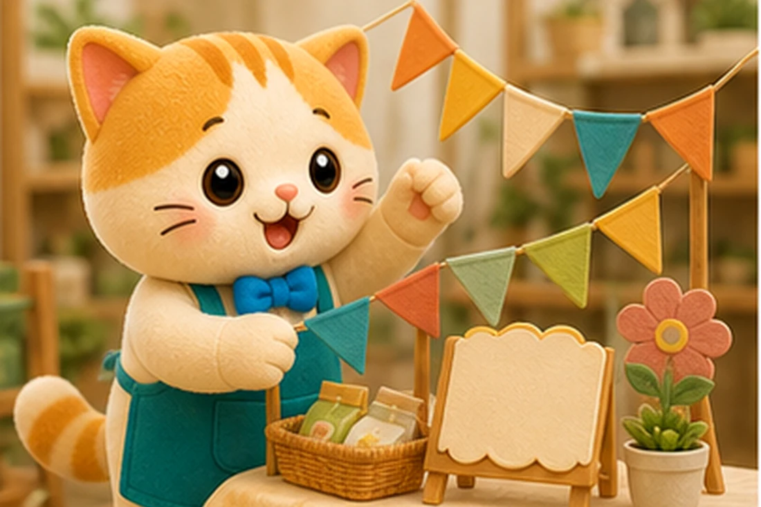 ねこのキャラクターが季節イベントの売り場を案内しているイラスト