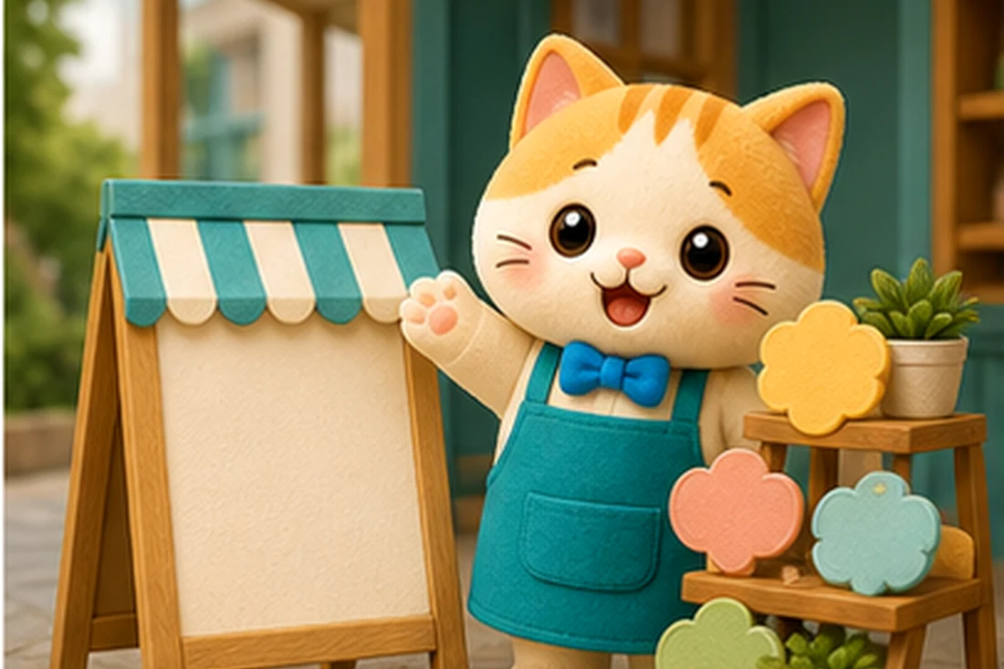 ねこのキャラクターが店頭POPを案内しているイラスト