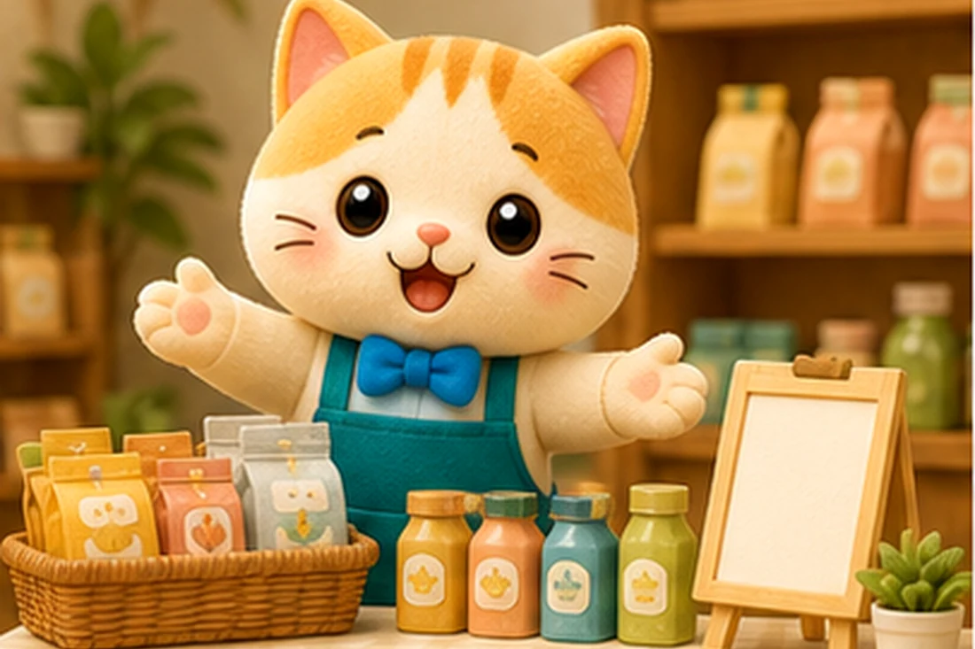 ねこのキャラクターがおすすめ商品を紹介しているイラスト