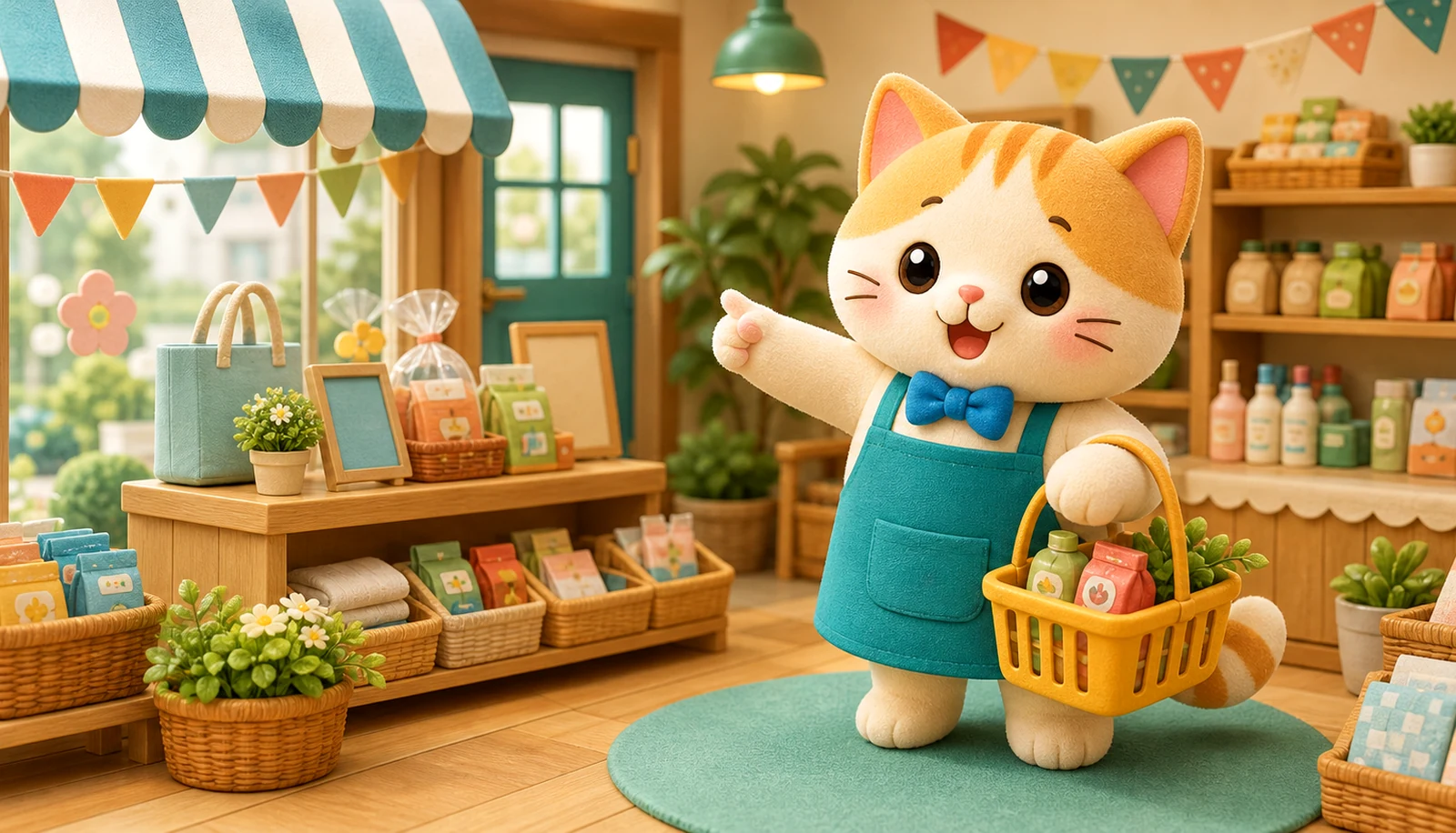 小売店で、ねこのキャラクターが商品棚や店頭ディスプレイを案内しているイラスト
